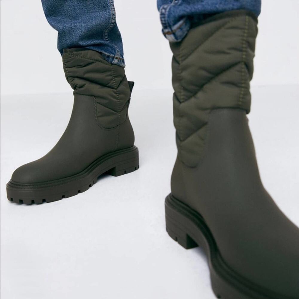 Zara Quilted Rubberized Low Heel ankle  Boots - Picture 4 of 8